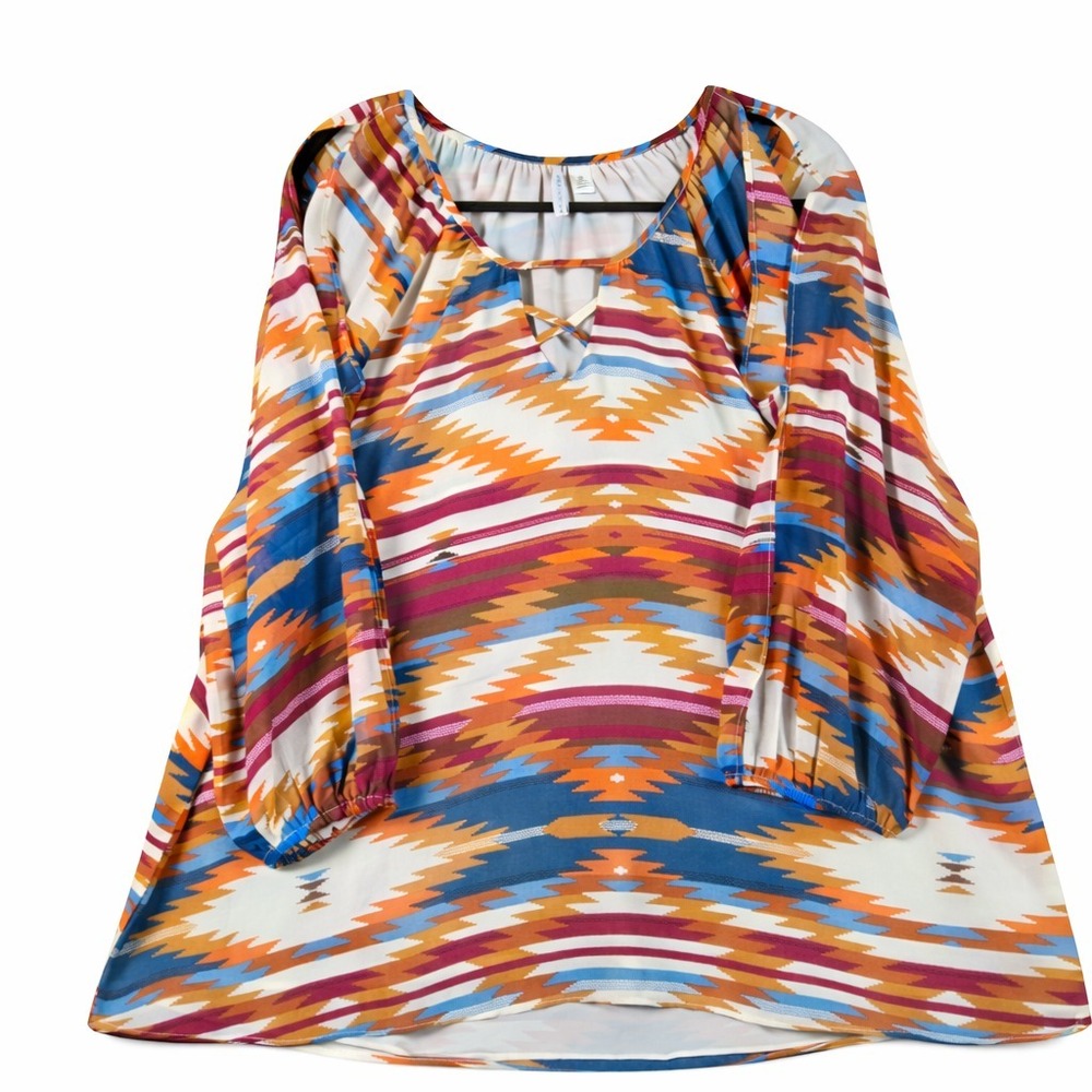 Cato Womens XL Boho Aztec Print Blouse Peasant Top Long Sleeve Multicolor